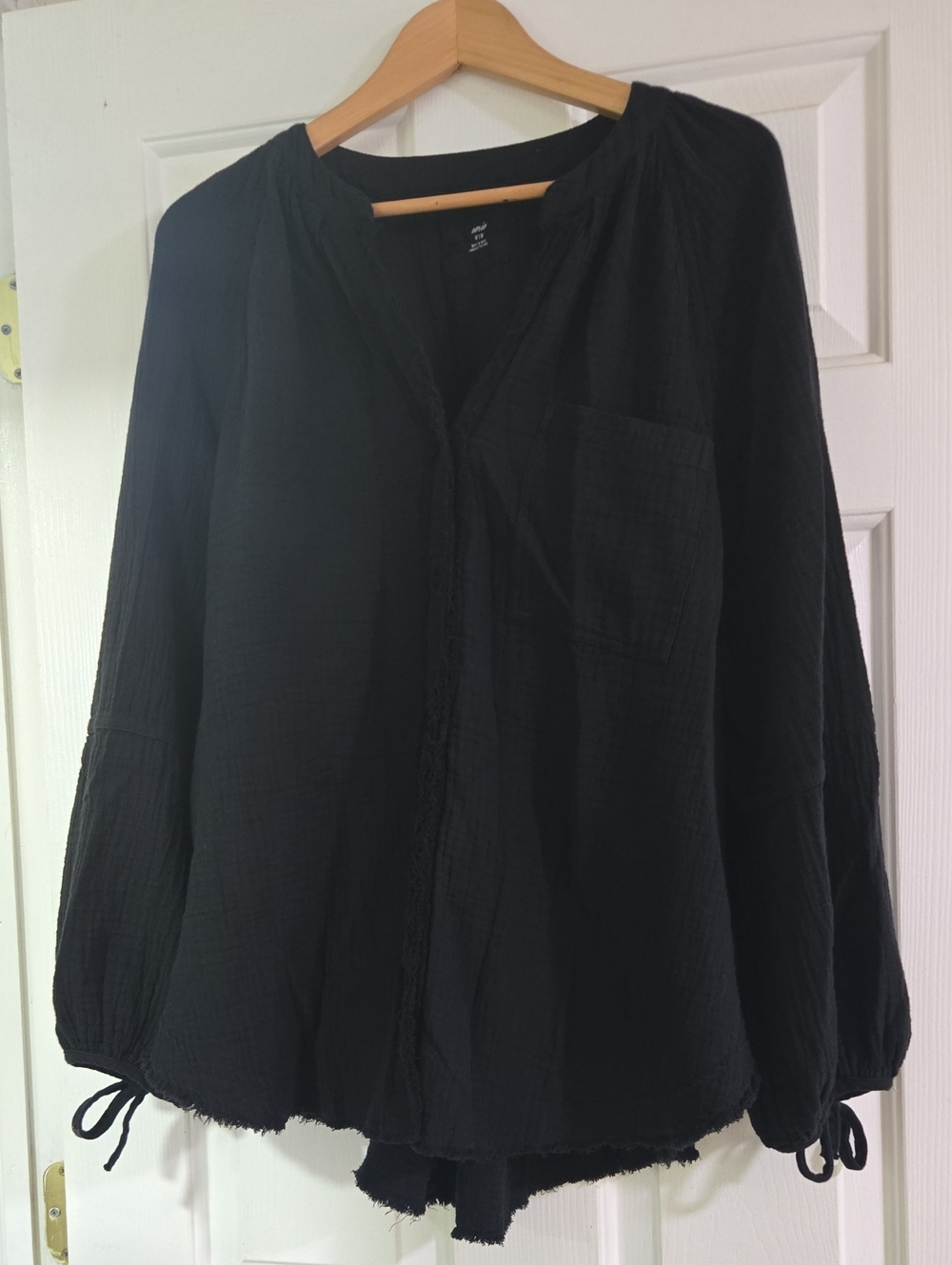 aerie Black Cotton Distressed Freyed Button-Front Top